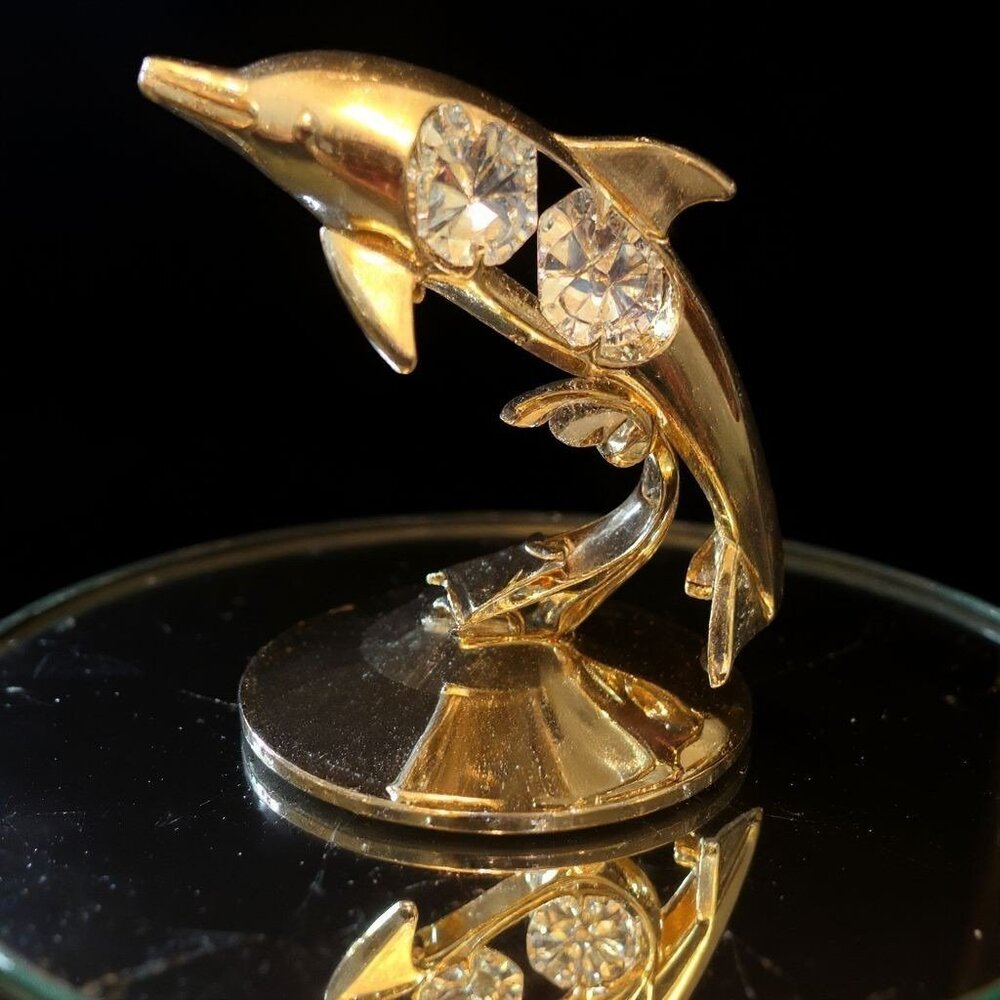 VINTAGE 24K GOLD PLATE DOLPHIN FIGURINE DECOR AUSTRIAN CRYSTAL DESIGN 4"